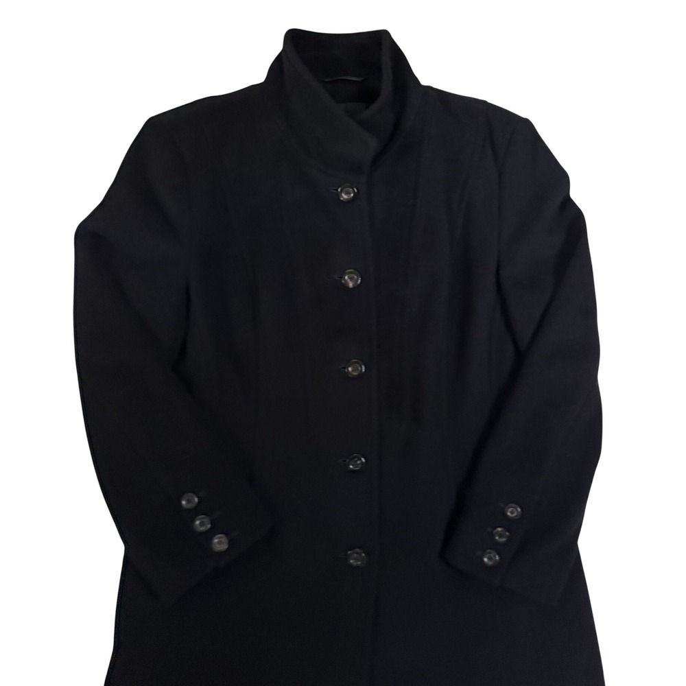 Vintage Feraud Black Wool Coat 12 Mock Neck Longline Seamed Button Front Hungary - Picture 2 of 8